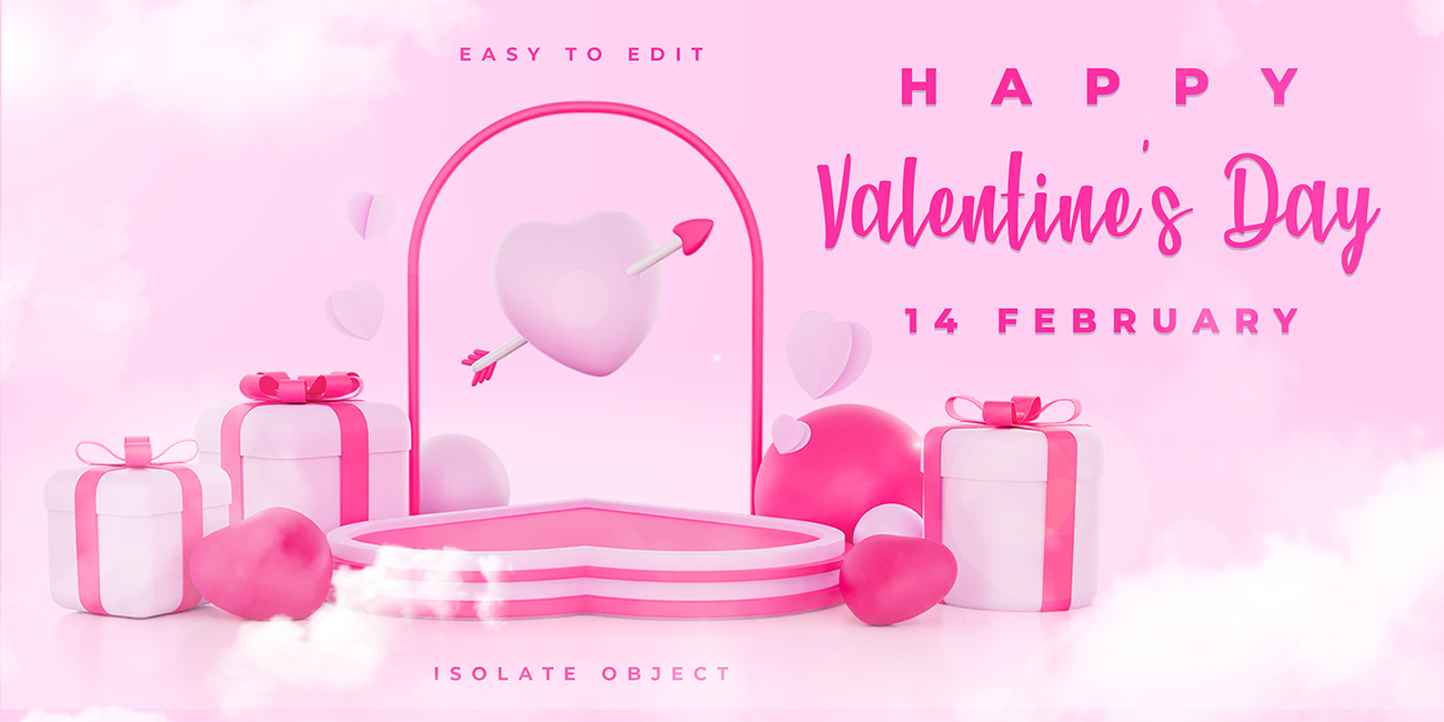 Banner valentine hộp quà và trái tim màu hồng file PSD