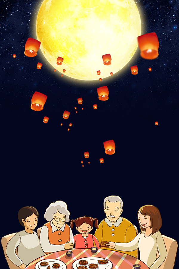 Ảnh minh họa gia đình quây quần dưới ánh trăng ngày Tết trung thu H08 file PSD
