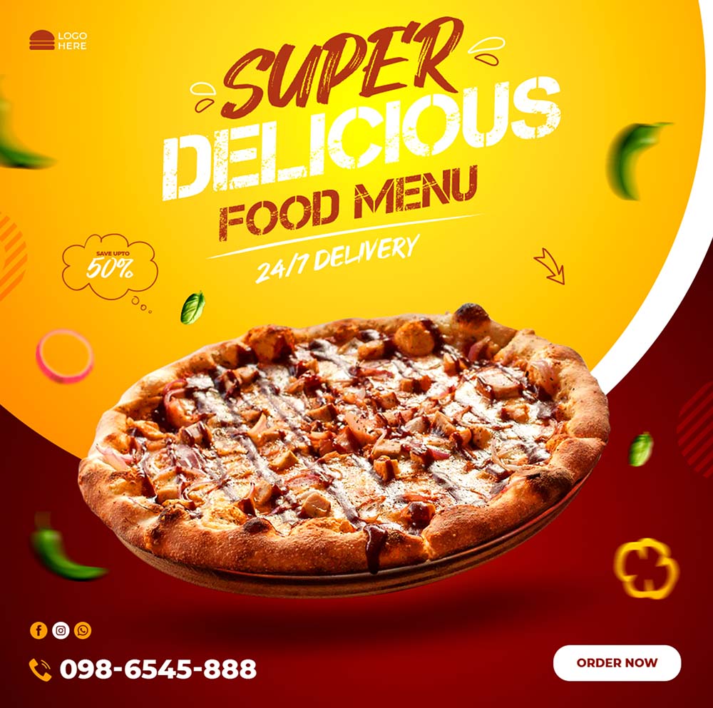 Poster quảng cáo bánh Pizza nền vàng và đỏ thẫm K104 file PSD