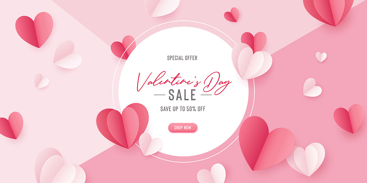 Banner giảm giá dịp valentine cùng những trái tim hồng file vector mẫu số 432