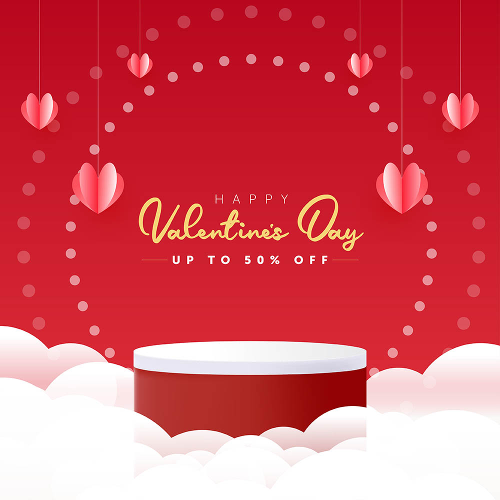 Banner bục trưng bày nền đỏ ưu đãi dịp valentine file vector mẫu số 729