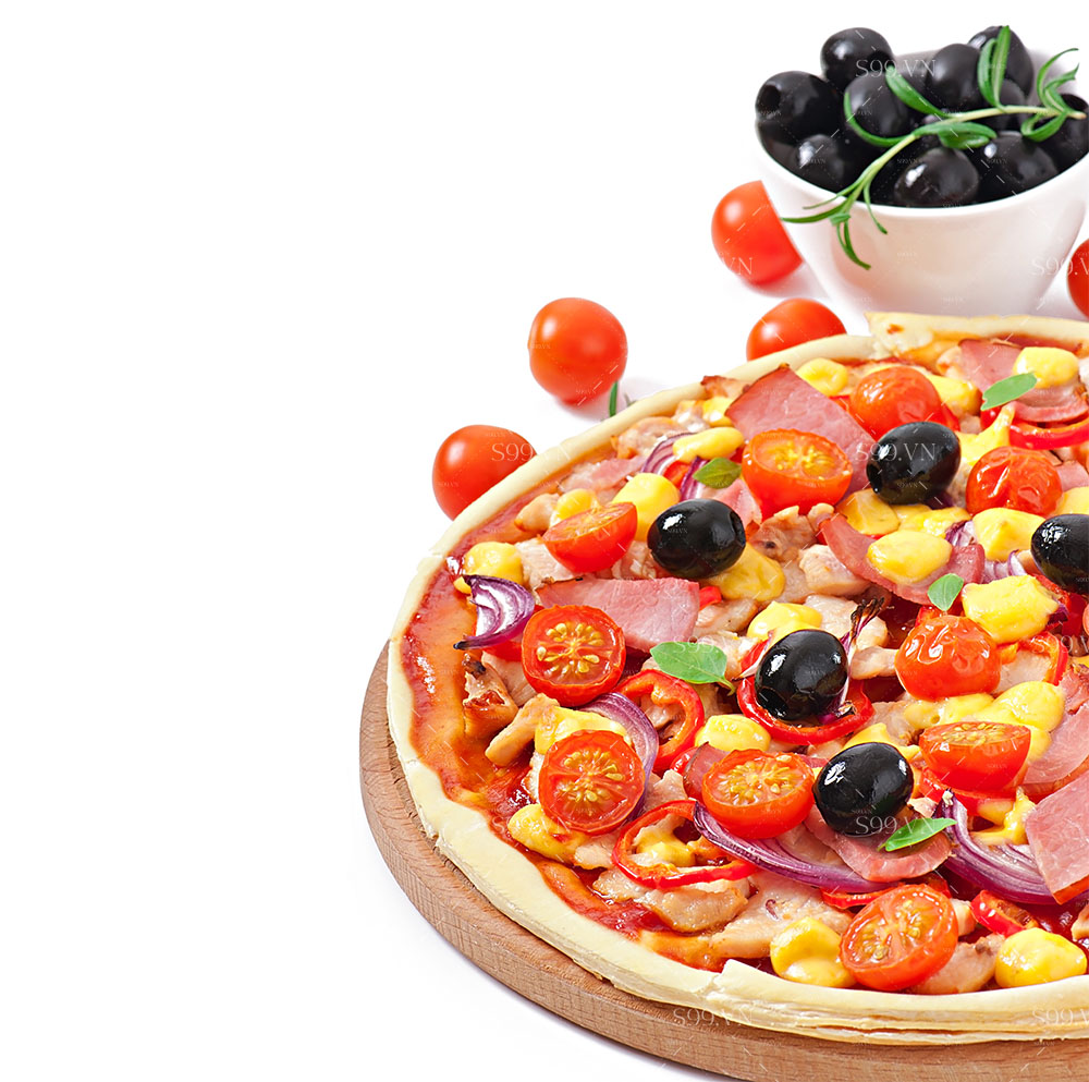 Hình minh họa bánh một phần bánh Pizza với cà chua và quả ô liu K16 file JPG