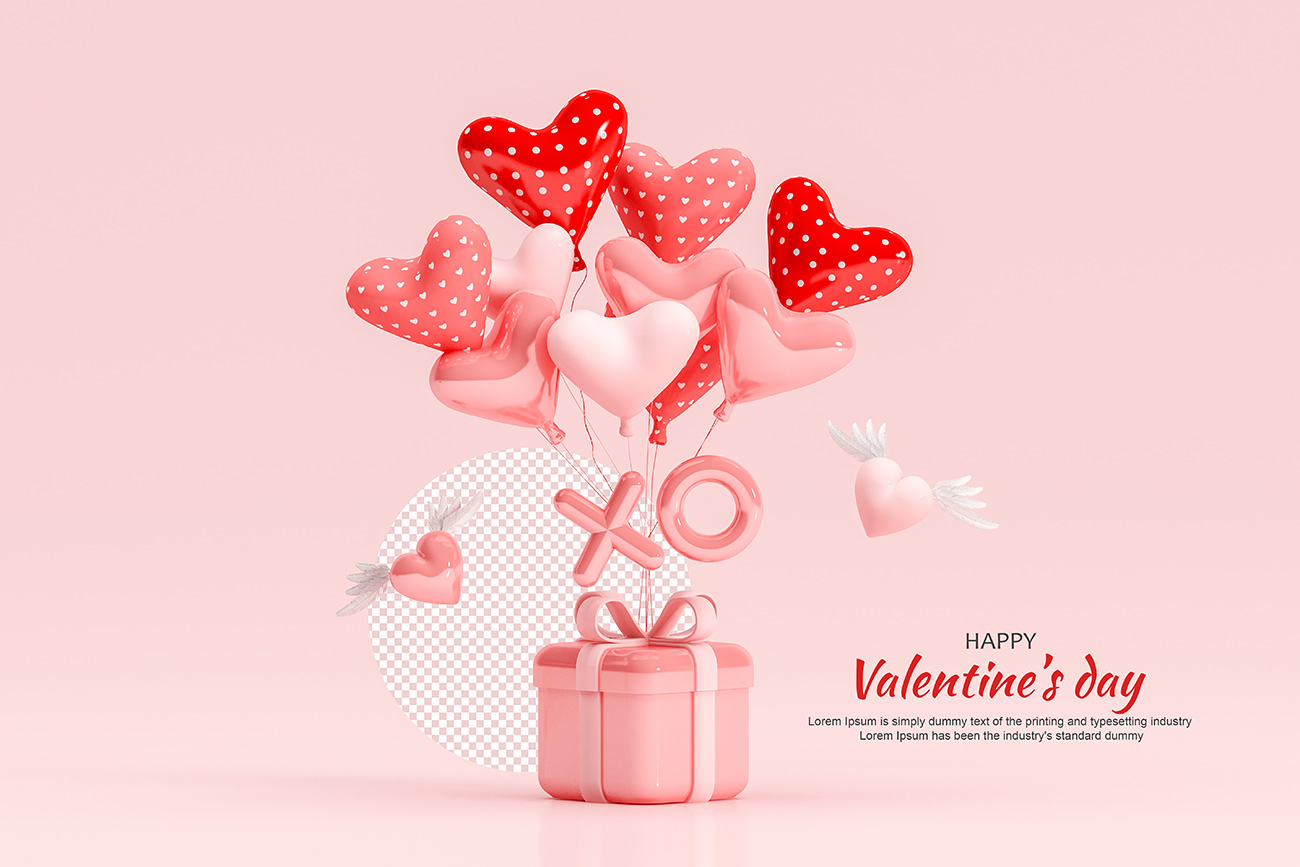 Banner valentine bóng bay trái tim và hộp quà file PSD