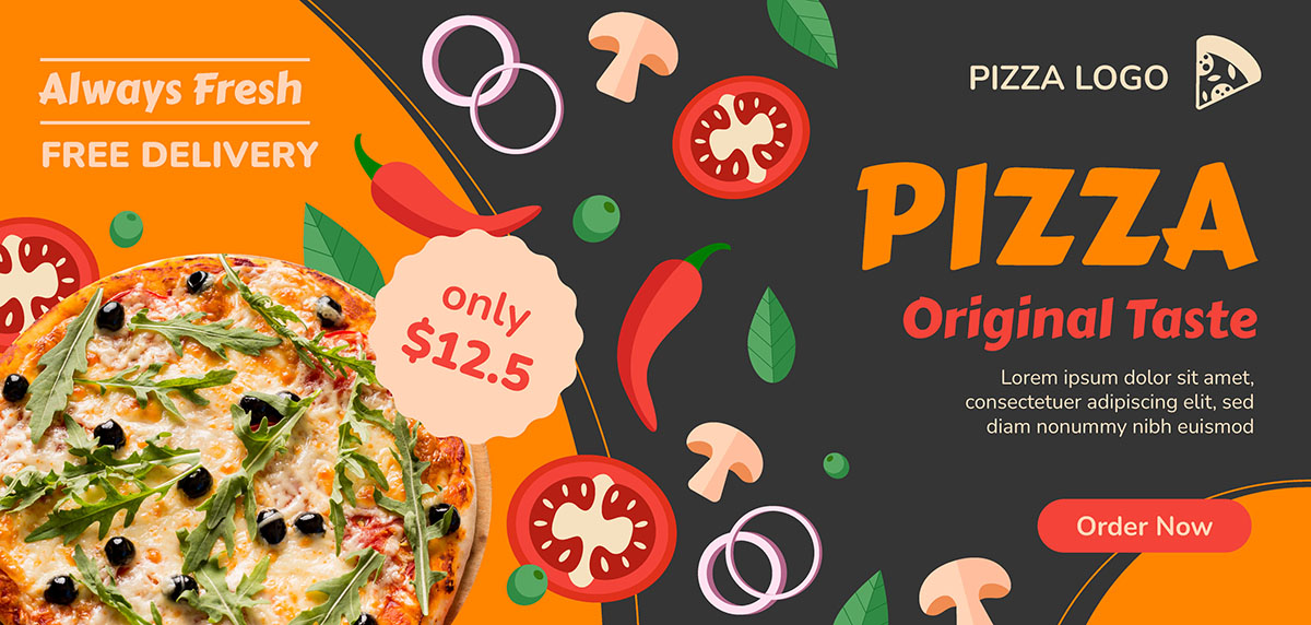 Banner quảng cáo bánh Pizza với nấm, ớt và cà chua K107 file AI và EPS