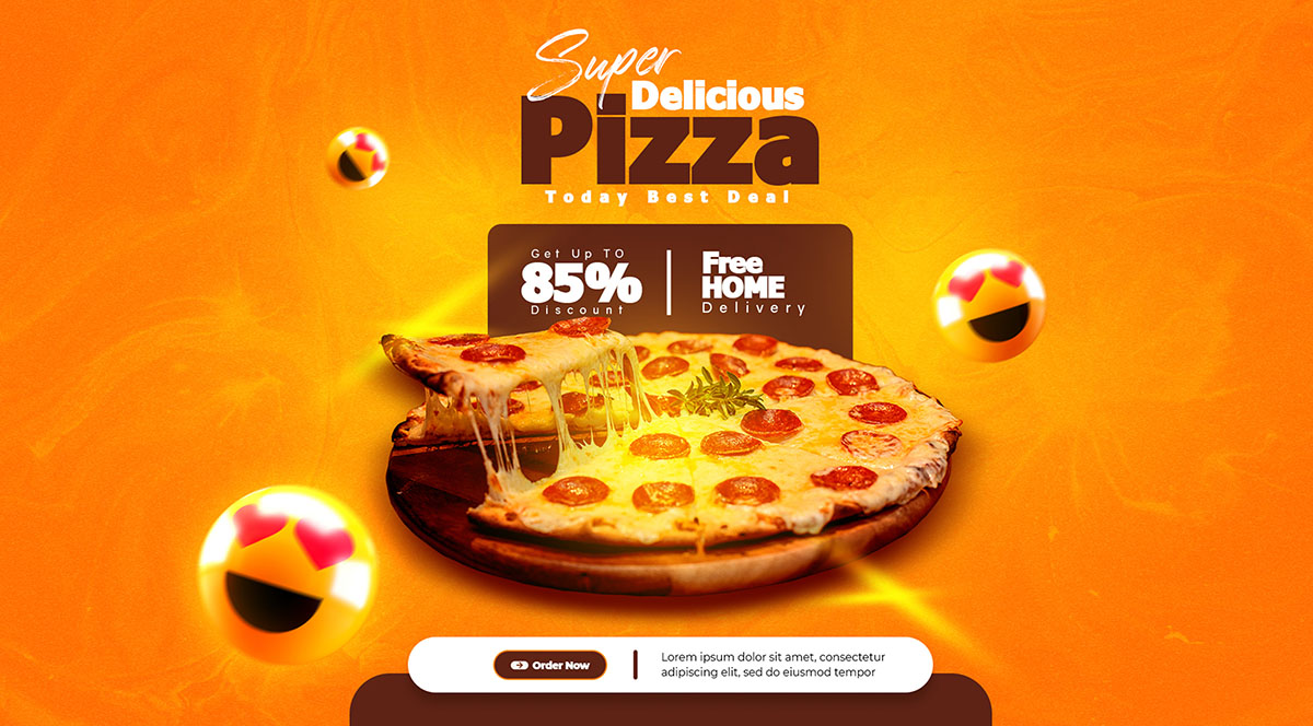 Banner quảng cáo bánh pizza phô mai nền màu cam L23 file PSD