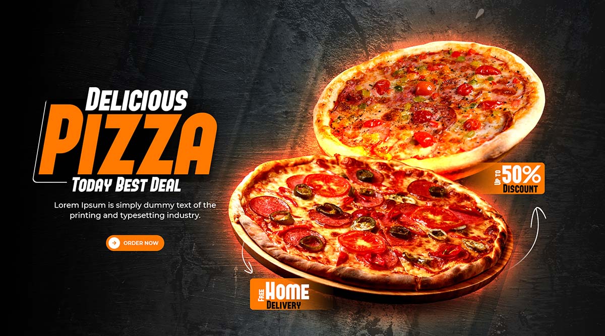 Banner quảng cáo bánh Pizza trên nền đen K99 file PSD