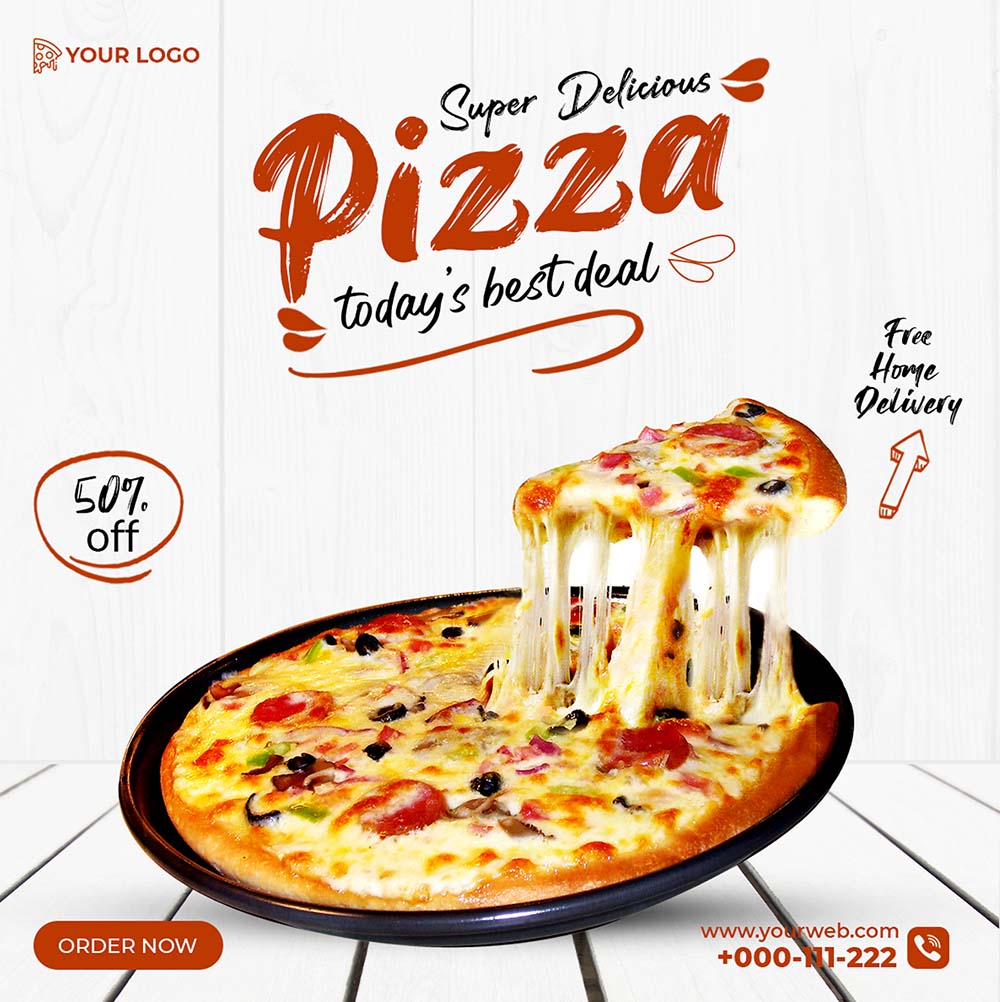 Poster quảng cáo pizza phô mai kéo sợi P86 file PSD