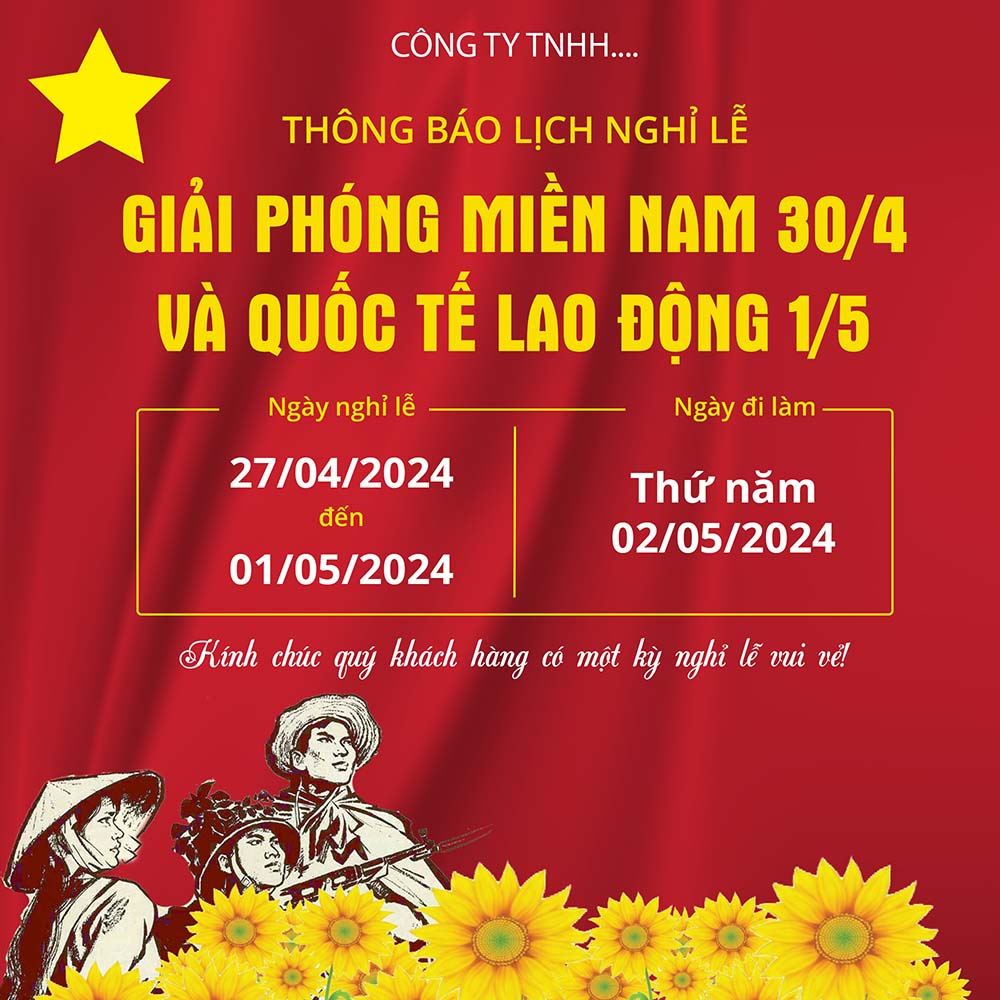 Thông báo nghỉ lễ 30.4 - 01.5 nền màu đỏ mẫu 33 file PSD