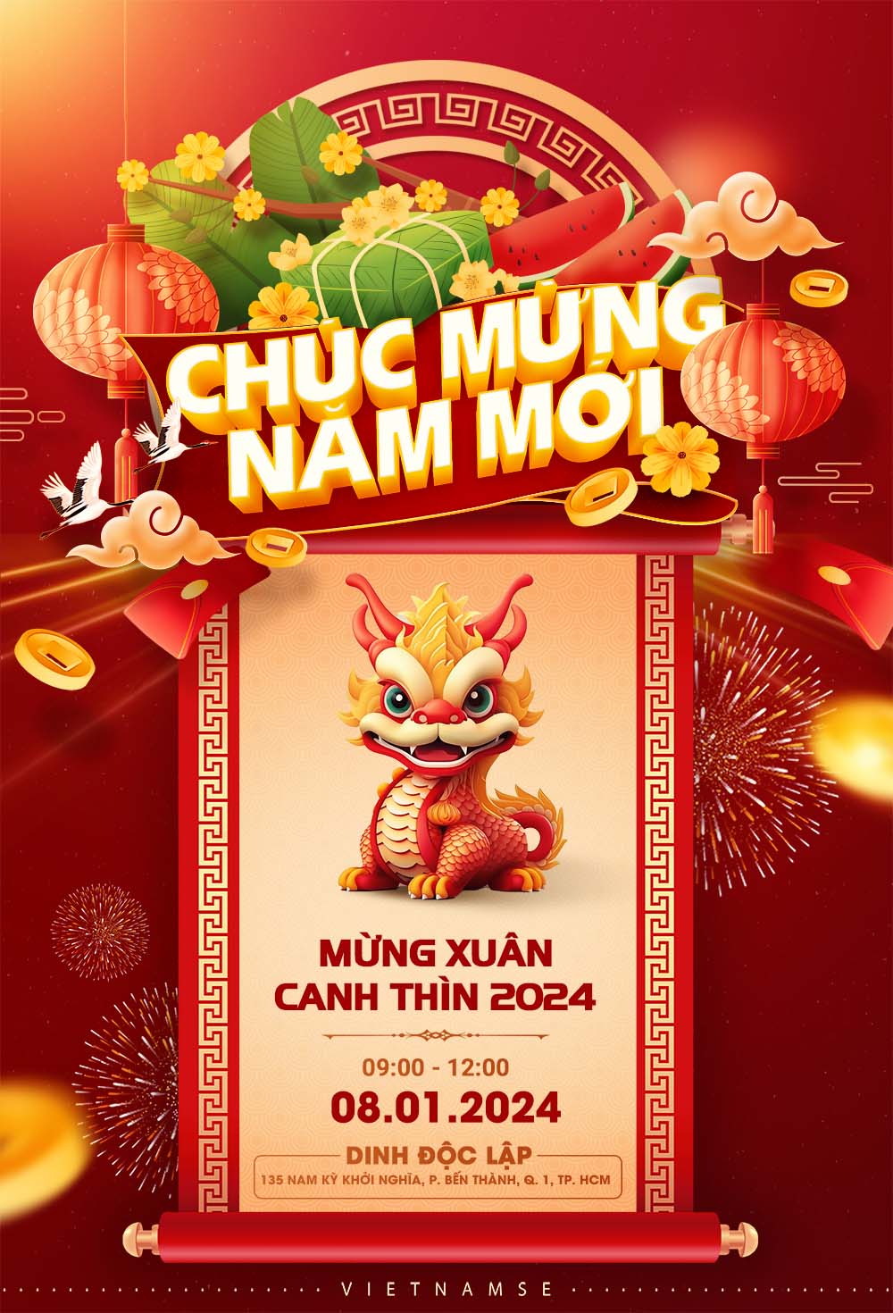 Poster chúc mừng năm mới mừng xuân canh thìn 2024