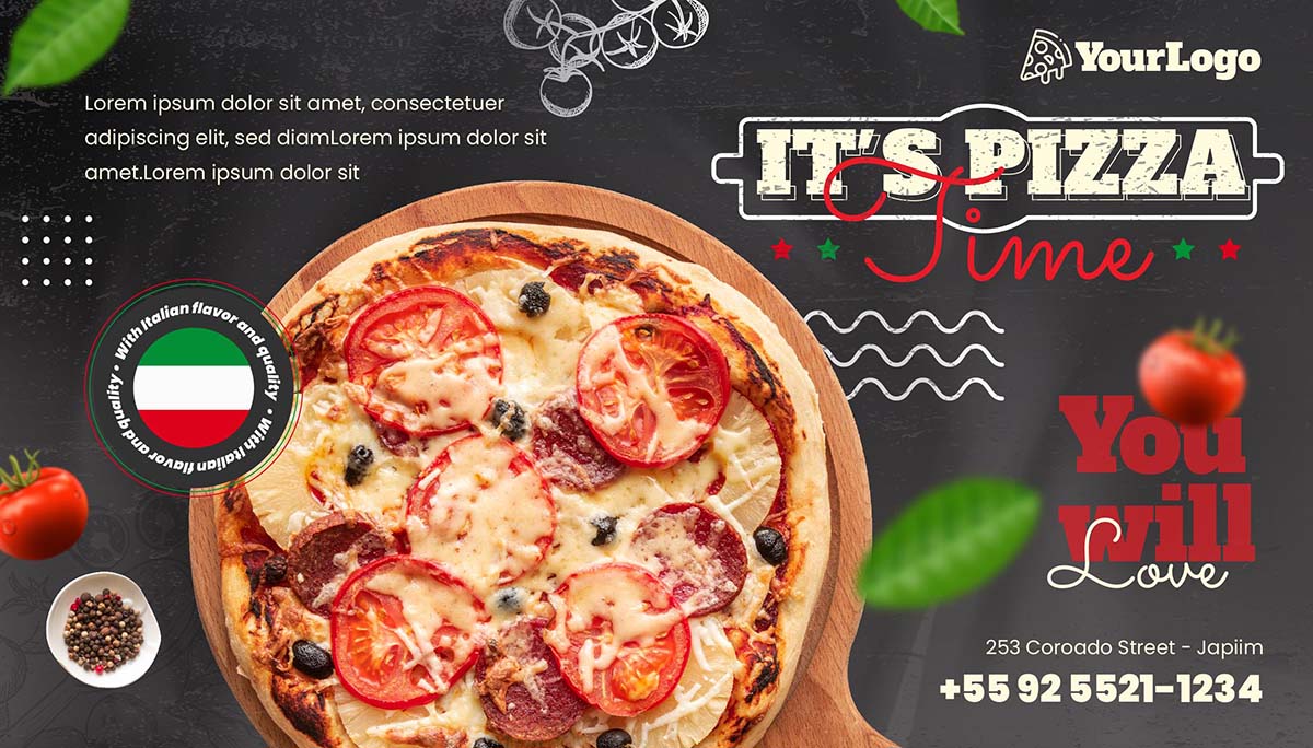 Banner quảng cáo bánh Pizza phô mai và cà chua K111 file AI và EPS