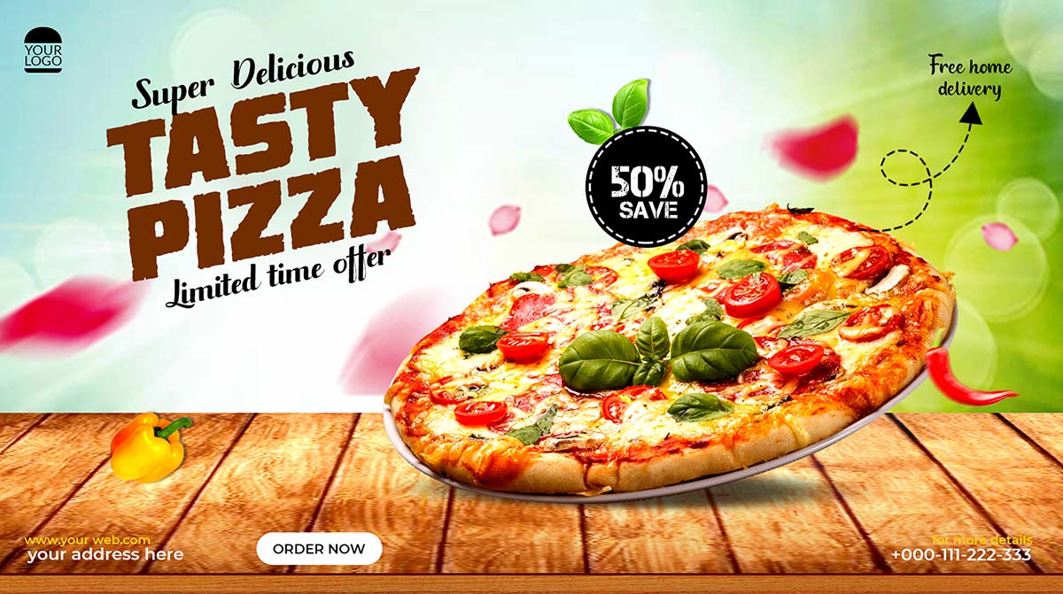 Banner quảng cáo Pizza trên bàn gỗ K60 file PSD