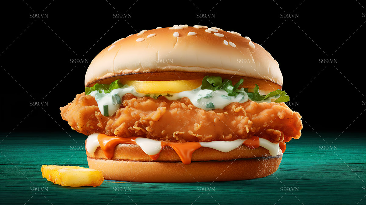 Hình minh họa bánh burger kẹp gà rán file PNG - mẫu số 354