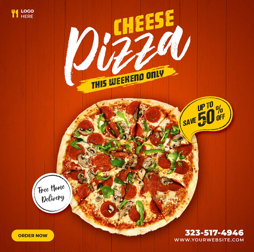 Poster quảng cáo bánh Pizza phô mai nền đỏ K90 file PSD