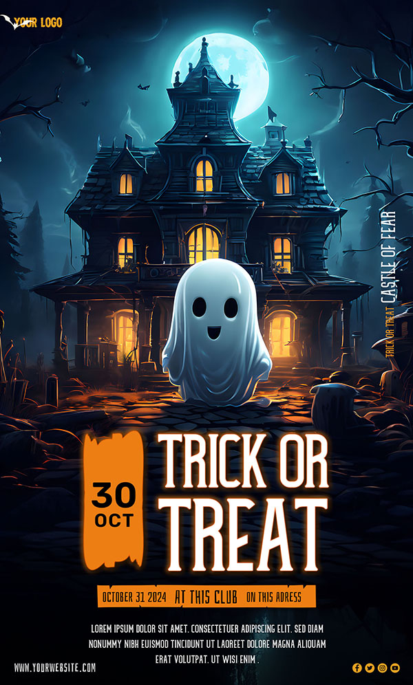 Poster lễ hội halloween ngôi nhà ma file PSD mẫu MB245