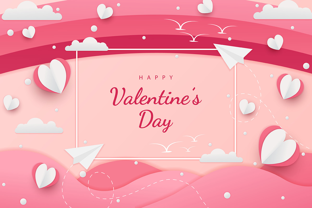 Banner valentine trái tim và máy bay giấy file EPS