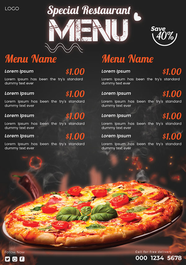 Mẫu menu nhà hàng pizza P85 file EPS