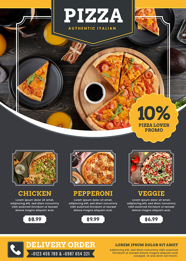 Poster quảng cáo bánh pizza cùng các loại nhân khác nhau file AI - mẫu số 826