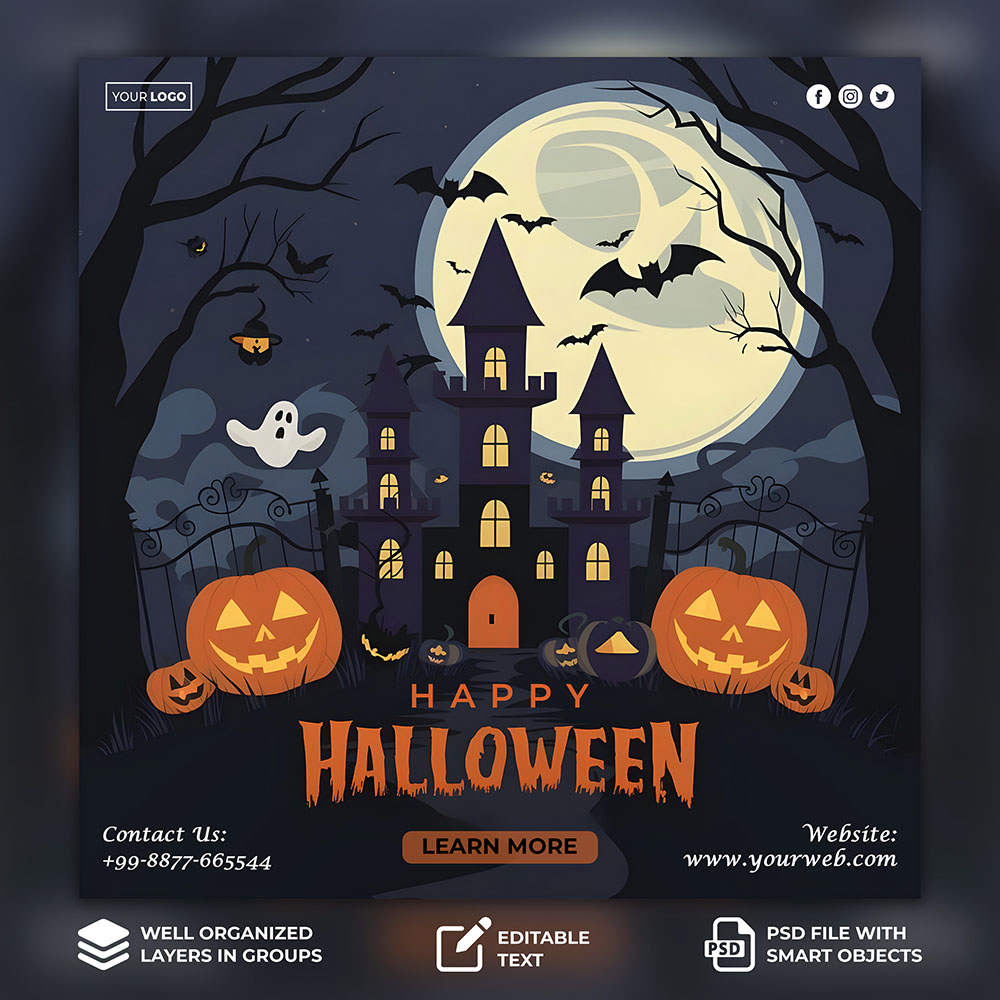 Banner lâu đài đêm trăng halloween file PSD - mẫu số 258