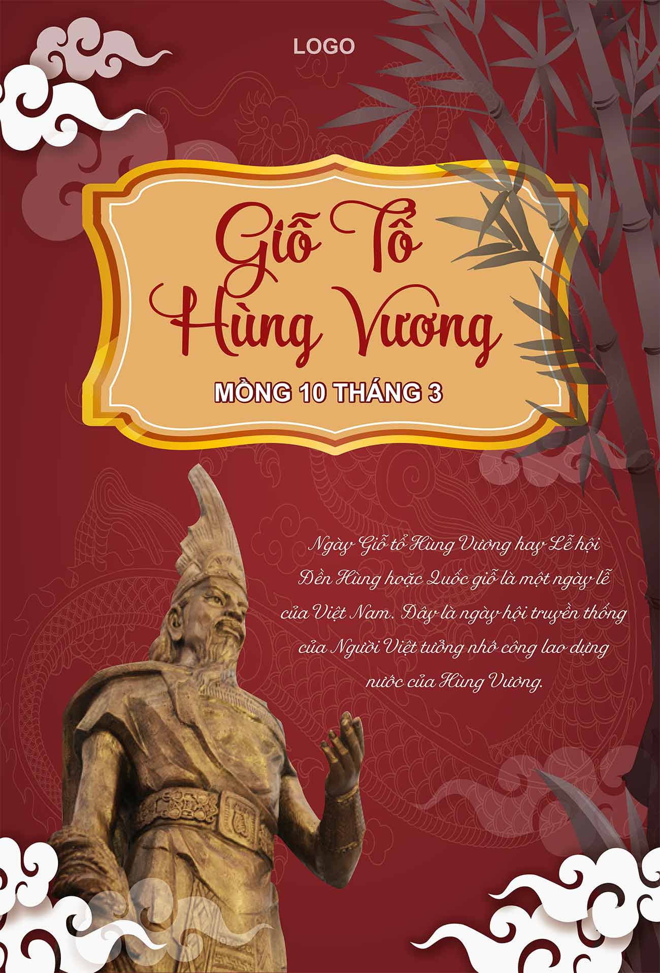 Poster giỗ tổ hùng vương hình lũy tre file AI