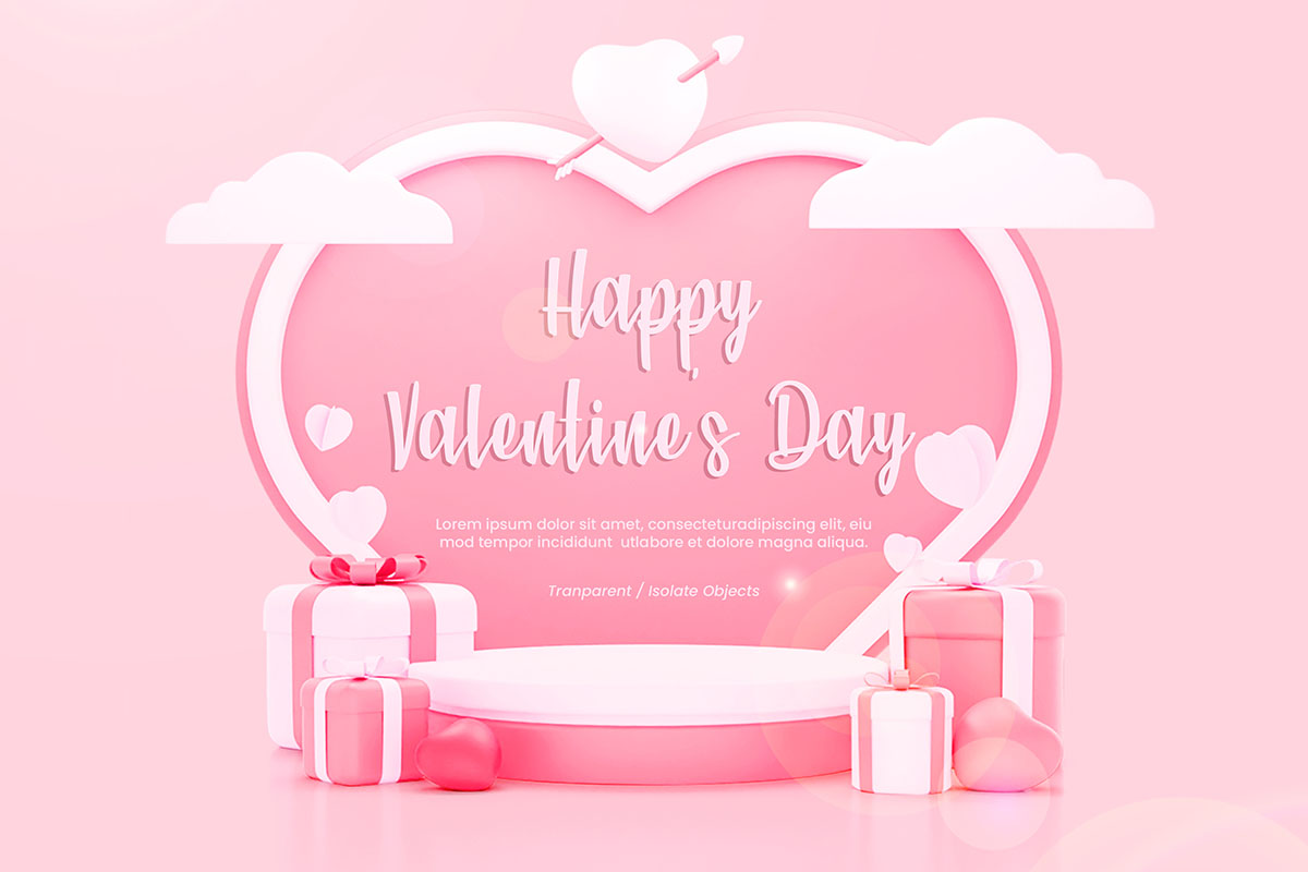 Banner bục trái tim hồng 3D cùng hộp quà ngày valentine file PSD mẫu số 756