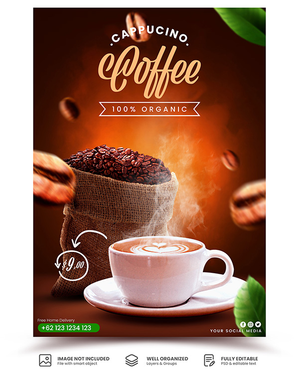 Poster quảng cáo cà phê cappucino file PSD - mẫu số 644