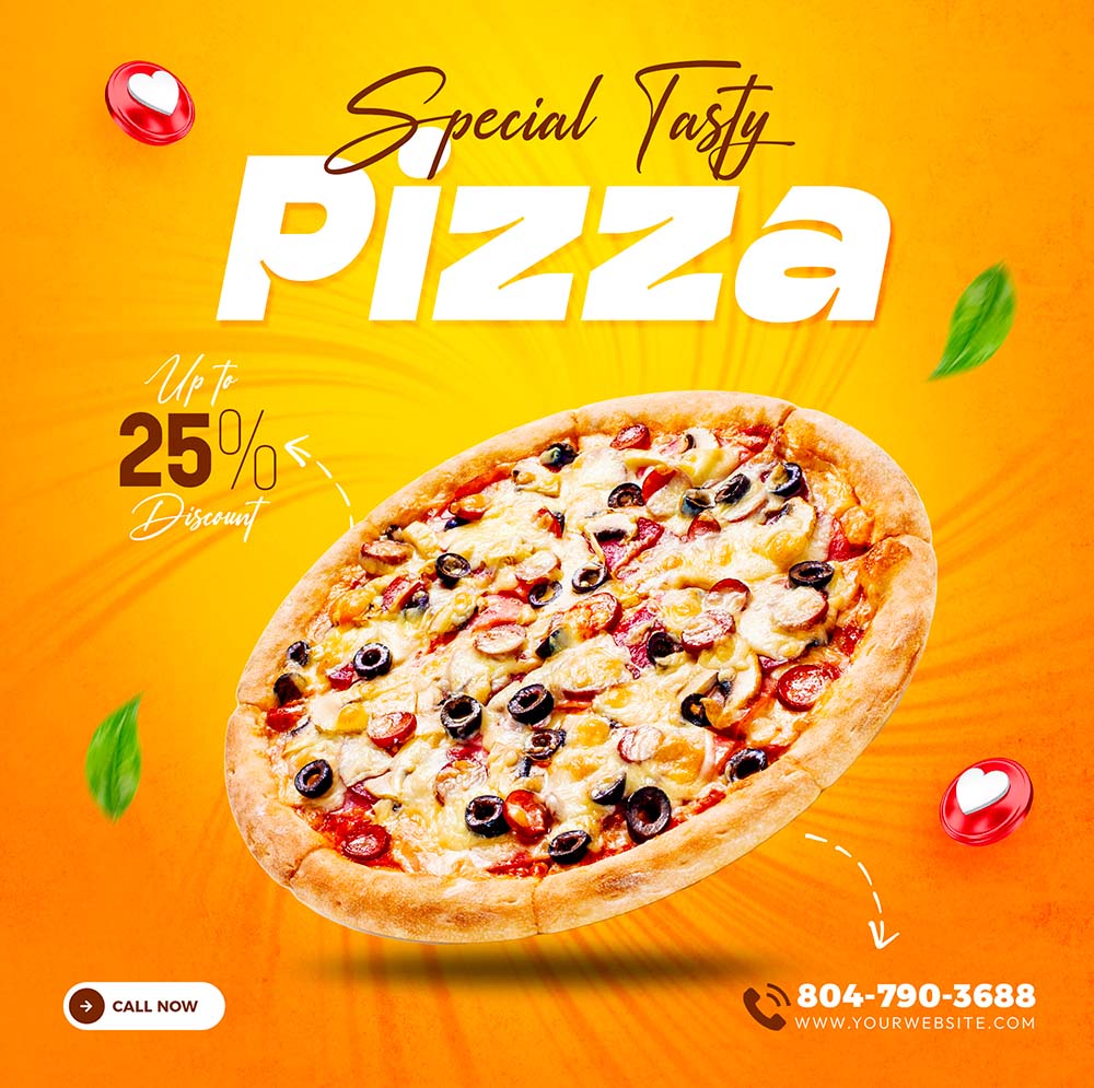 Poster quảng cáo Pizza nền màu vàng K59 file PSD