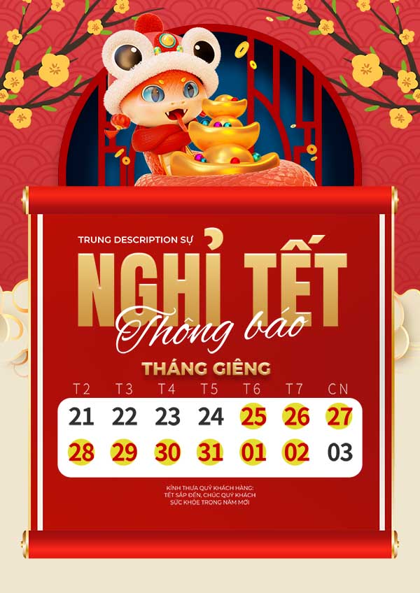 Poster thông báo lịch nghỉ tết nguyên đán năm con rắn file PSD mẫu số 610