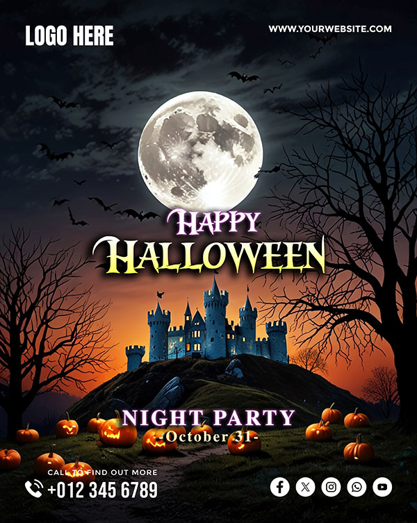 Poster lâu đài đêm trăng halloween file PSD - mẫu số 355