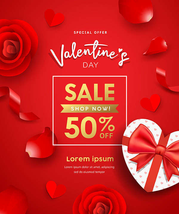 Poster giảm giá dịp valentine hình ảnh hoa hồng và hộp quà file vector mẫu số 629