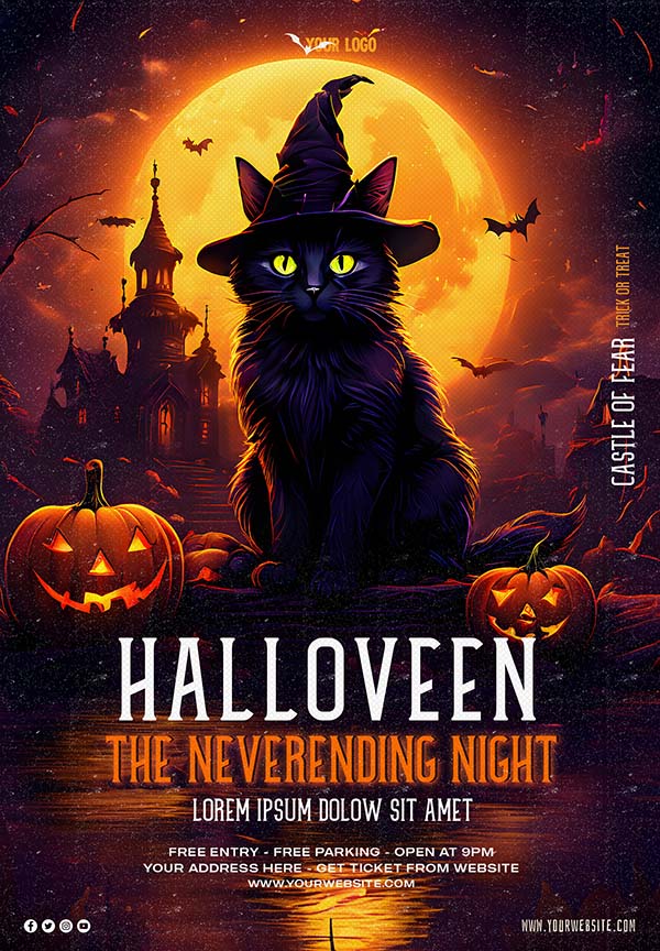 Poster lễ hội halloween phù thủy mèo file PSD mẫu MB244