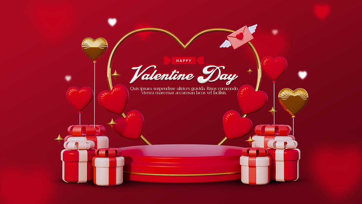 Banner bục 3D ngày valentine hình ảnh hộp quà và trái tim đỏ file PSD mẫu số 842