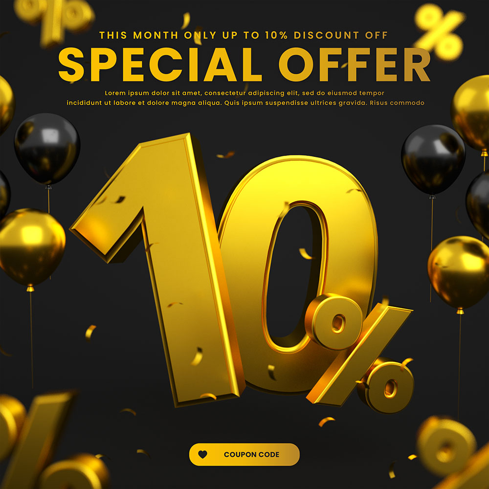 Banner giảm giá 10% hiệu ứng vàng gold file PSD mẫu GP247