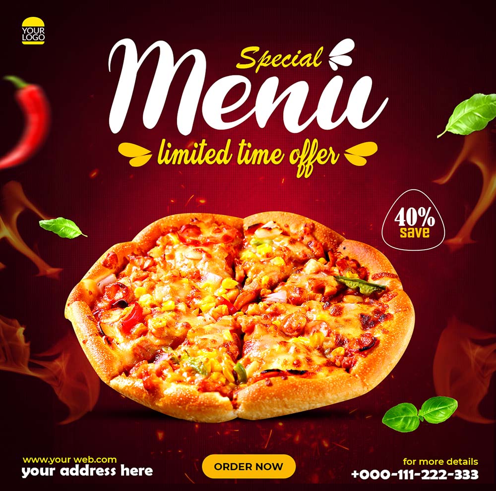 Poster quảng cáo Pizza mang đi nền màu đỏ và đen K142 file PSD