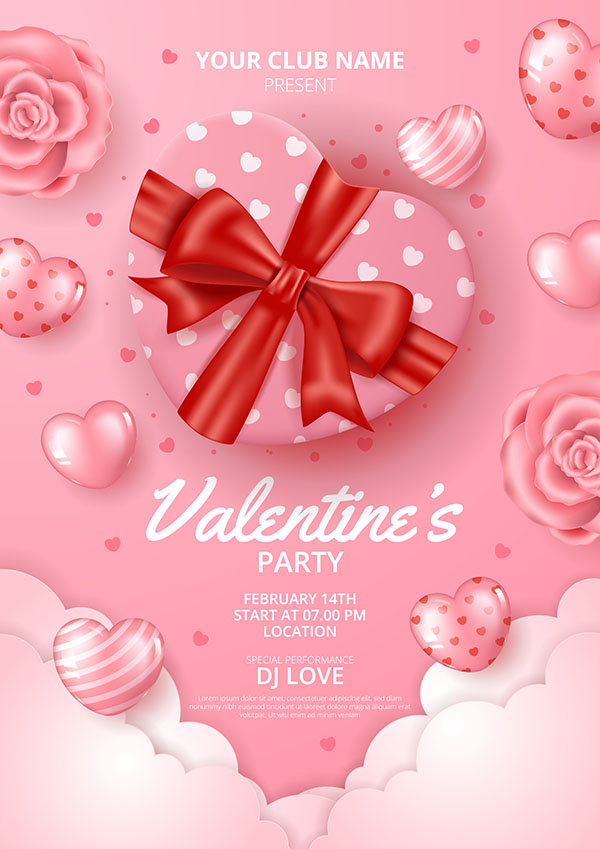 Poster valentine hình ảnh hộp quà trái tim hồng file vector mẫu số 617