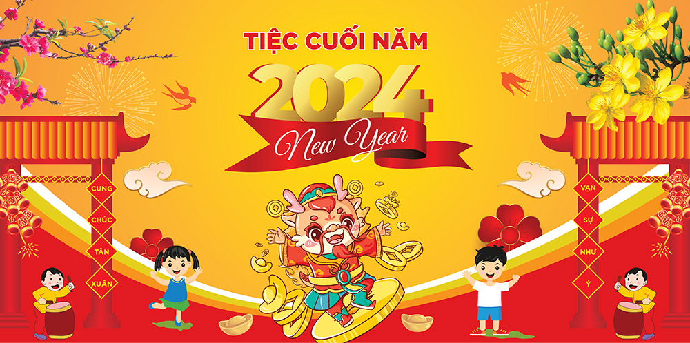 Backdrop tiệc cuối năm 2024 Happy New Year - File EPS