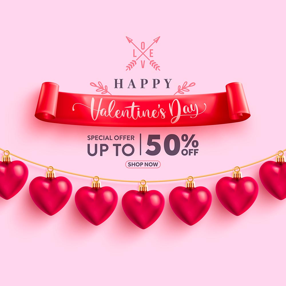 Banner giảm giá ngày valentine nền hồng trang trí trái tim file vector mẫu số 780