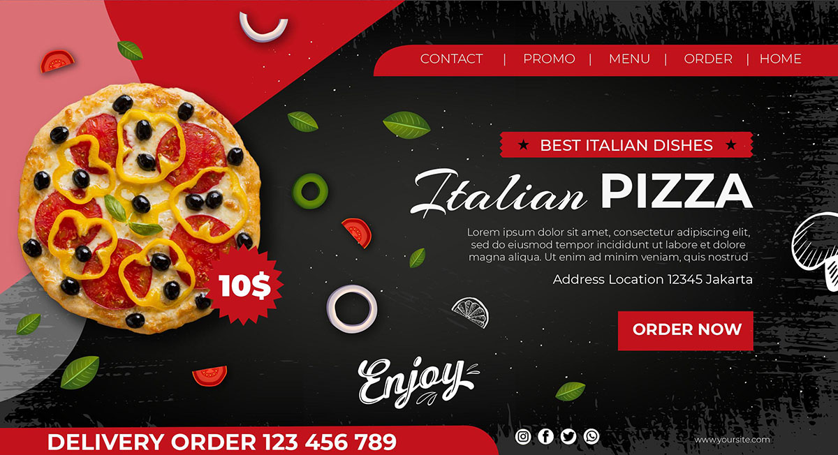 Banner quảng cáo Pizza nền màu đỏ và đen kiểu K115 file AI và EPS