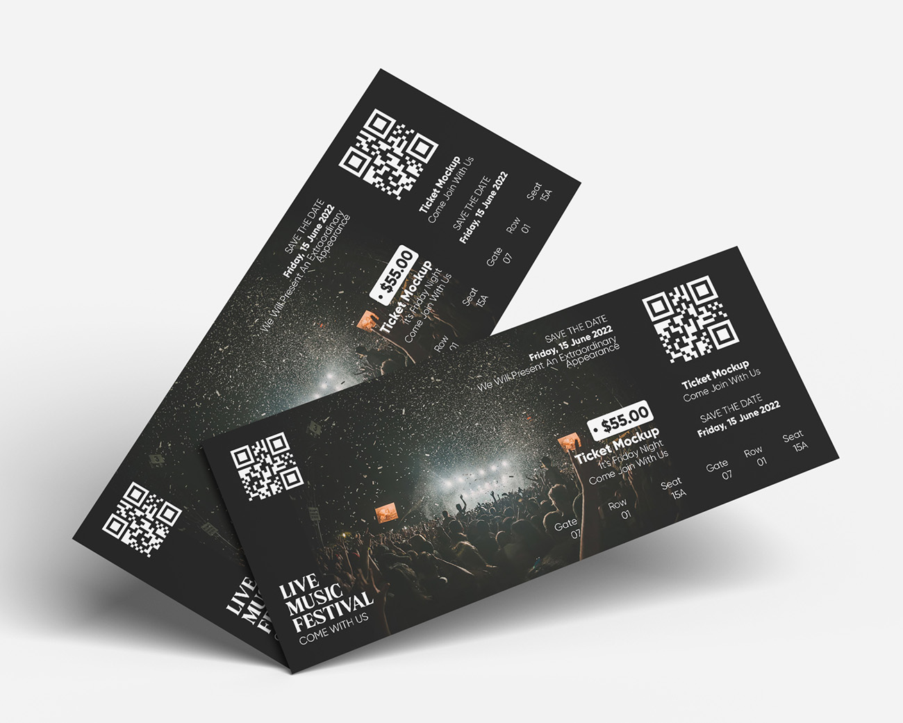 Mockup phiếu giảm giá màu đen có mã QR D15 file PSD