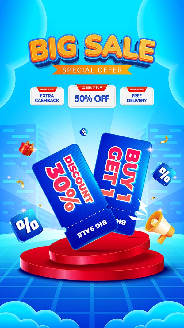 Poster bục 3D voucher giảm giá file vector mẫu JH208