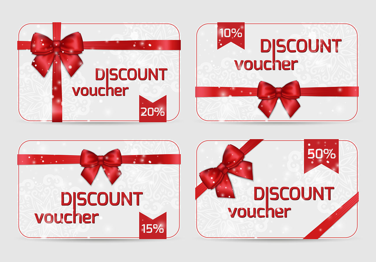 Thiết kế voucher giảm giá nền trắng nơ đỏ may mắn D69 file EPS