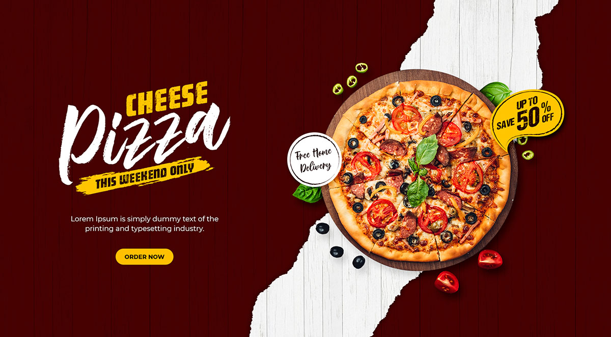 Banner quảng cáo bánh Pizza phô mai với nấm và cà chua K91 file PSD