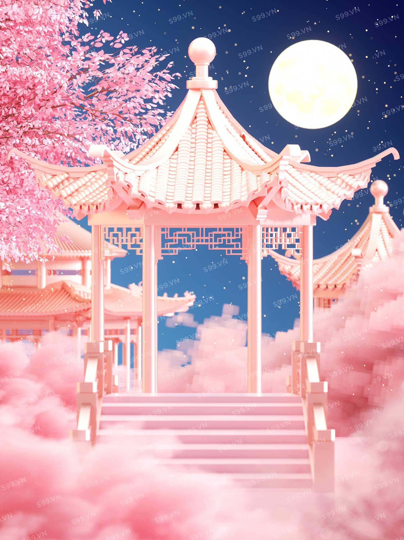 Background khuôn viên uống trà đêm trung thu file C4D