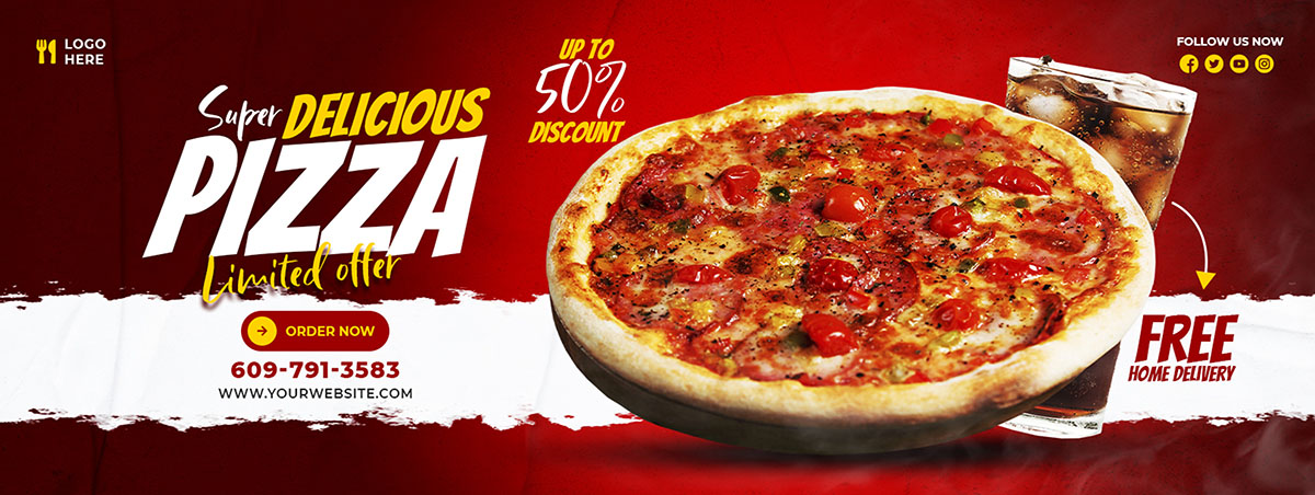 Banner quảng cáo bánh pizza nền đỏ L20 file PSD