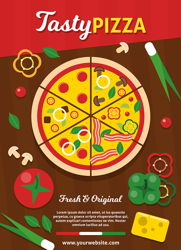 Poster quảng cáo bánh Pizza với nấm và cà chua K70 file AI và EPS