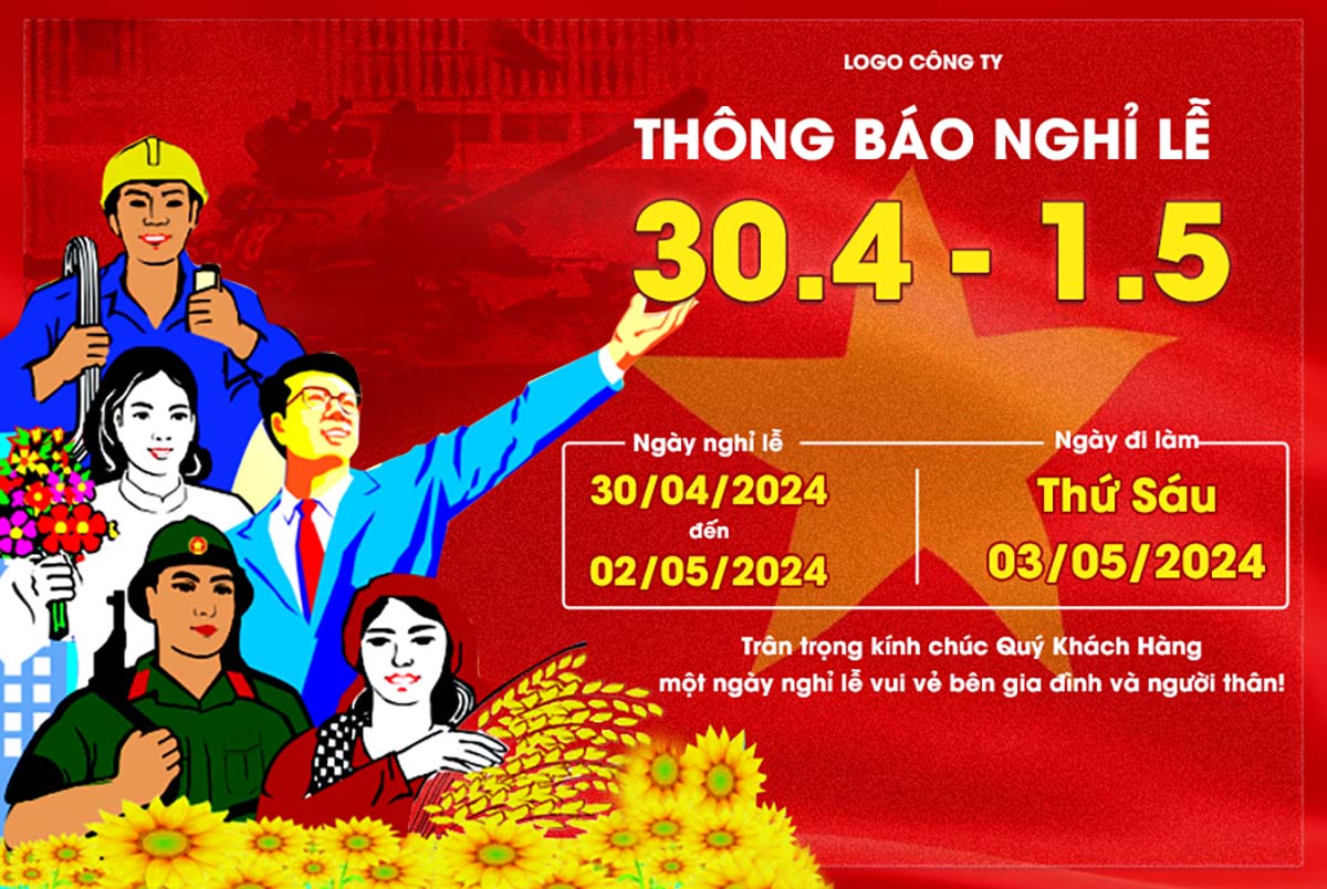 Thông báo nghỉ lễ dịp 30.4 - 01.5 nền màu đỏ mẫu 37 file PSD