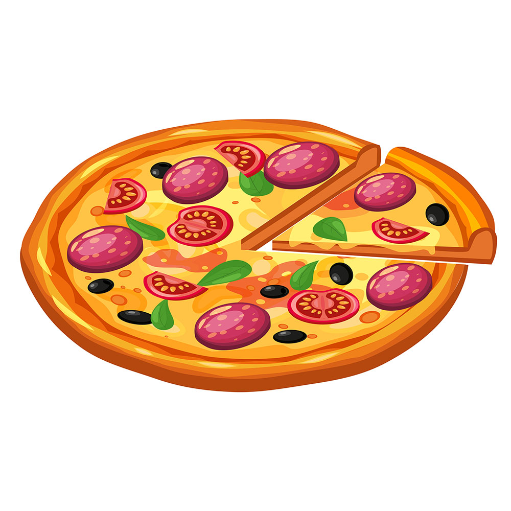 Hình minh họa bánh Pizza cắt miếng với xúc xích và cà chua P71 file EPS