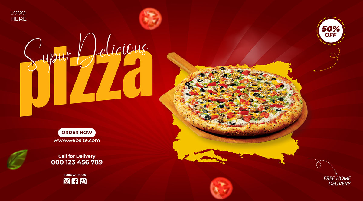 Banner quảng cáo bánh Pizza nền đỏ thẫm K95 file EPS