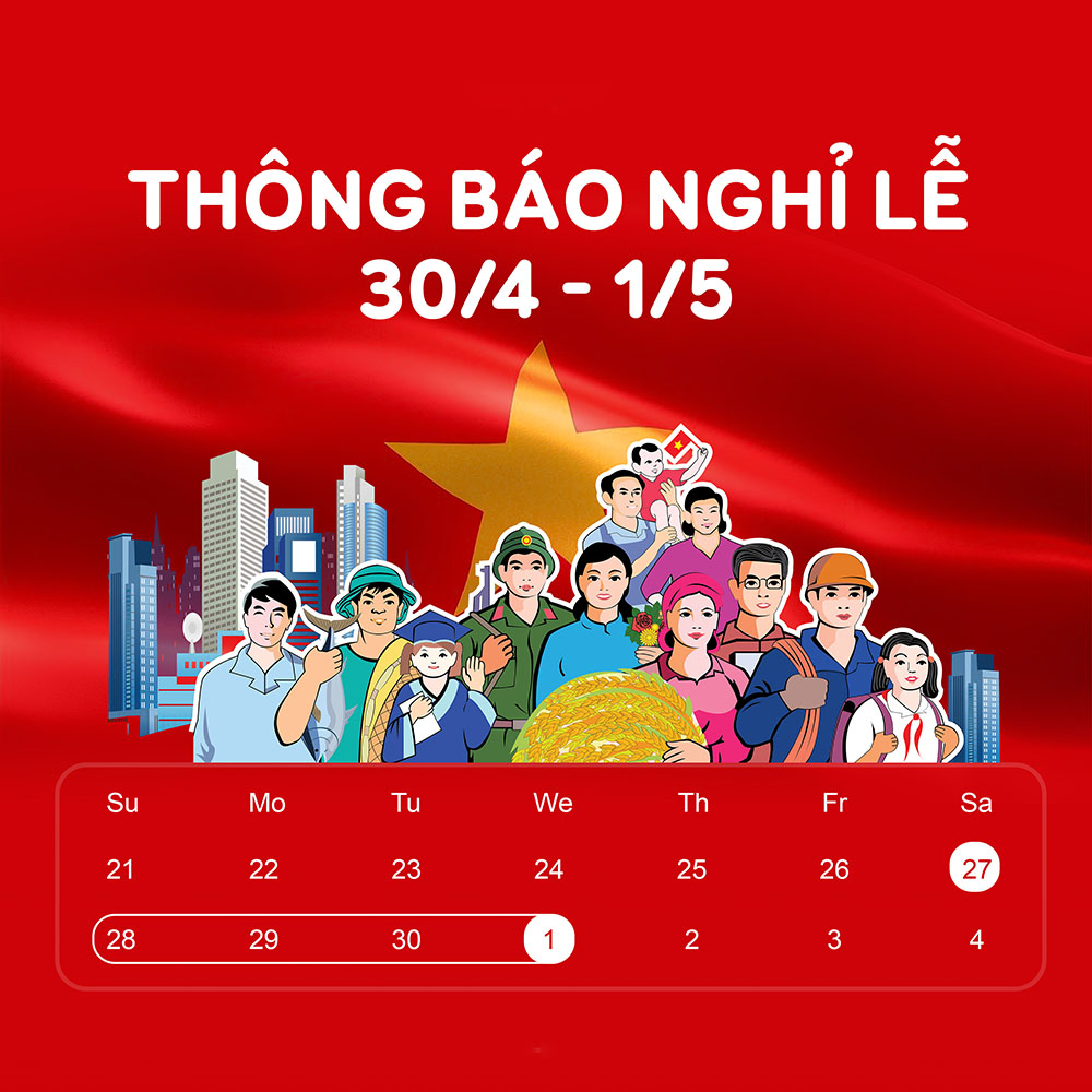 Thông báo nghỉ lễ 30.4 - 01.5 kèm hình ảnh chú bộ đội, công nhân trên nền đỏ mẫu 16 file PSD