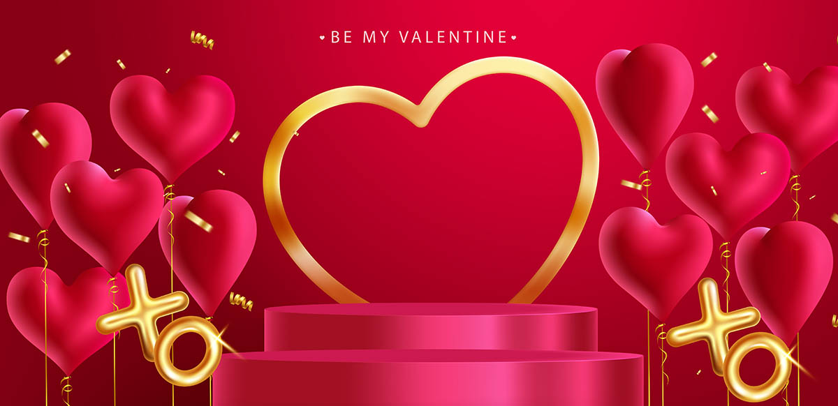 Background bục 3D cùng trái tim đỏ valentine file vector mẫu số 873