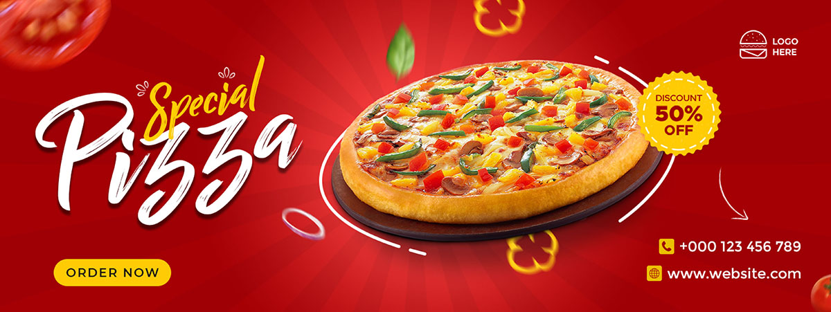 Banner quảng cáo bánh Pizza nền màu đỏ K102 file PSD